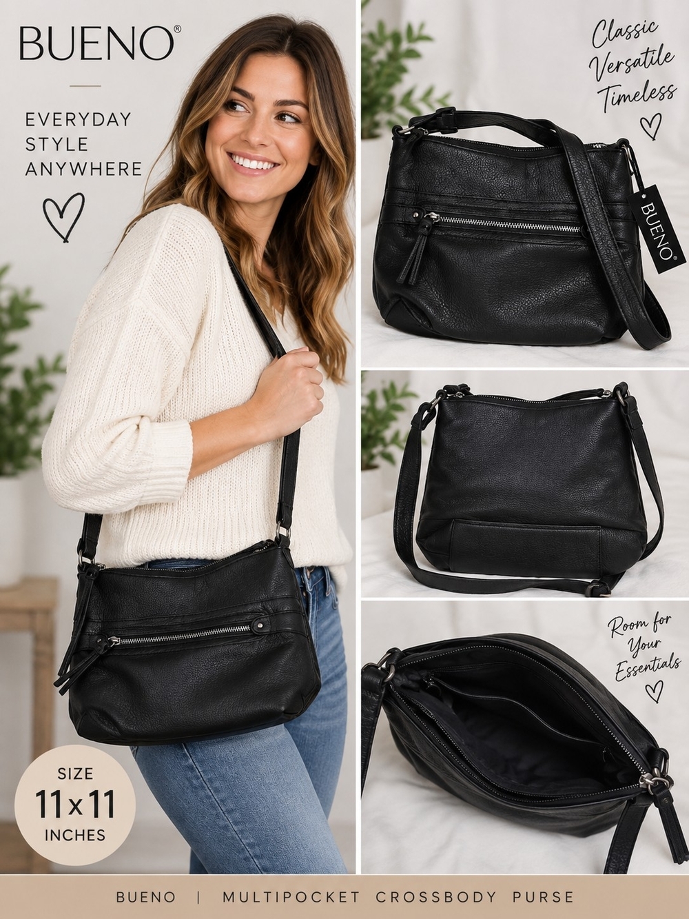 New bueno women's 11x11 inch black multipocket crossbody purse #33
